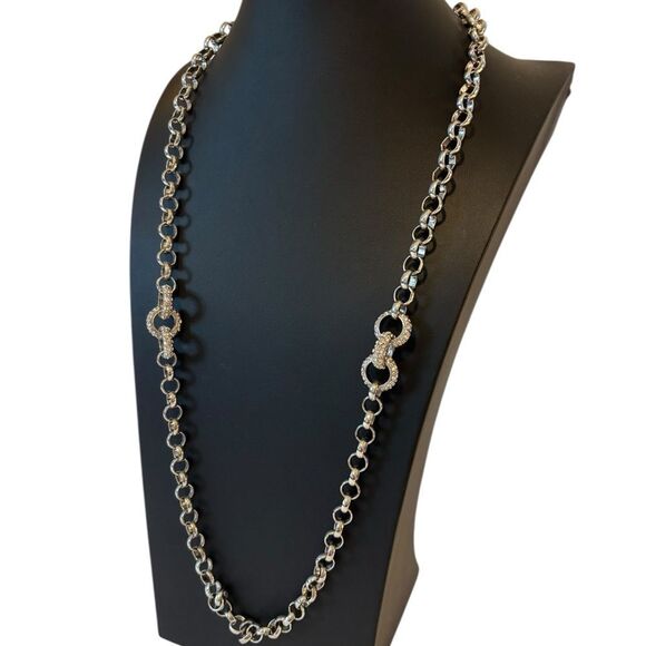 Coldwater Creek Extra Long Silver Toned Chain w/Pave Crystal Accent Rings. - Picture 3 of 5